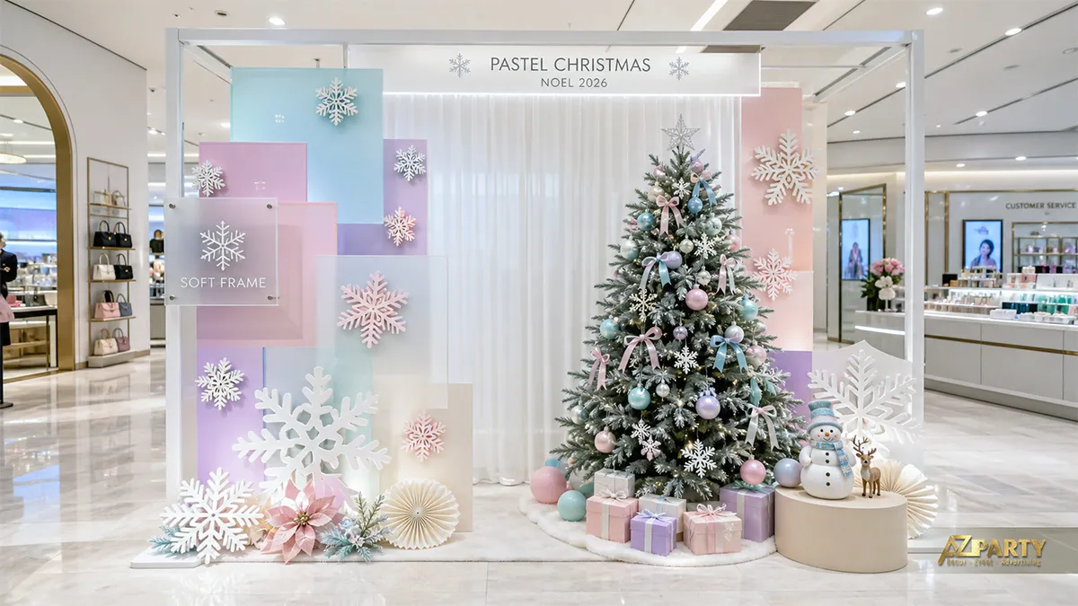 Khu trưng bày Soft Frame với mảng pastel, bông tuyết, cây thông và hộp quà