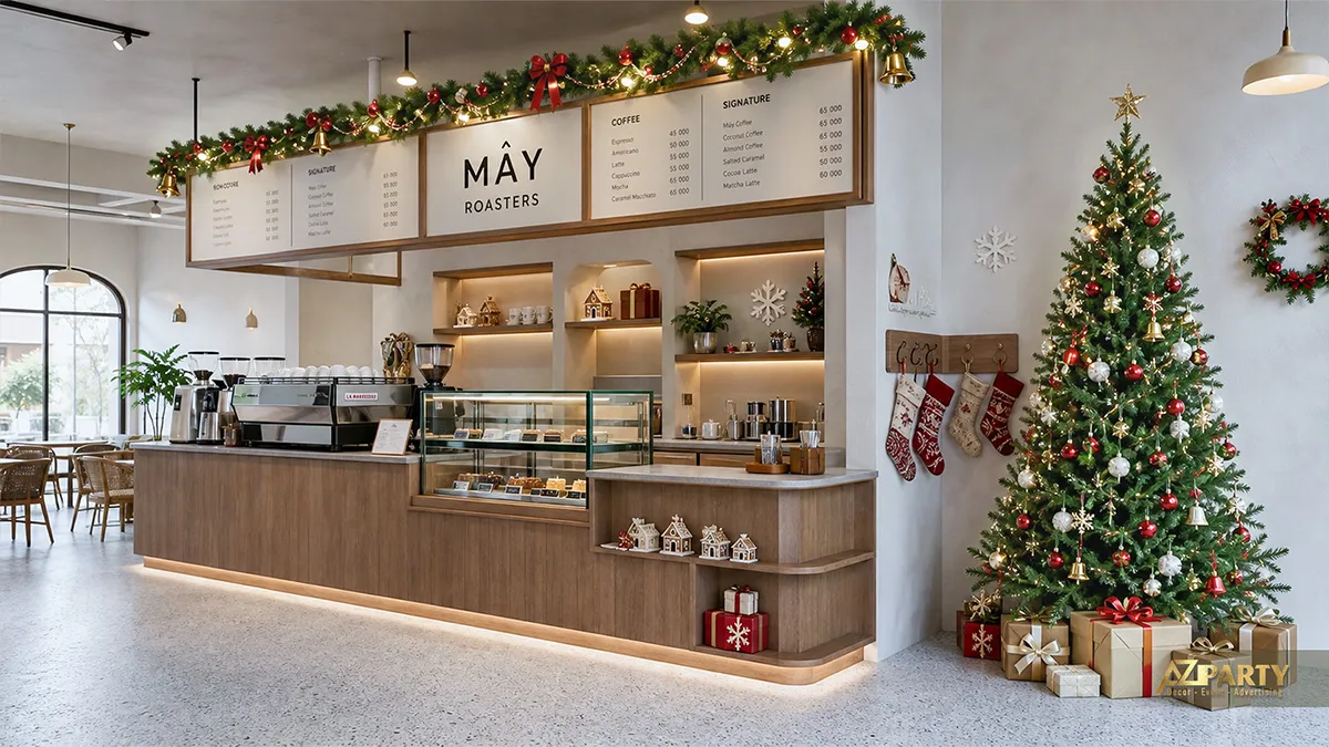 Quầy gọi món quán cà phê sáng màu với dây thông trên bảng menu và cây thông nhỏ