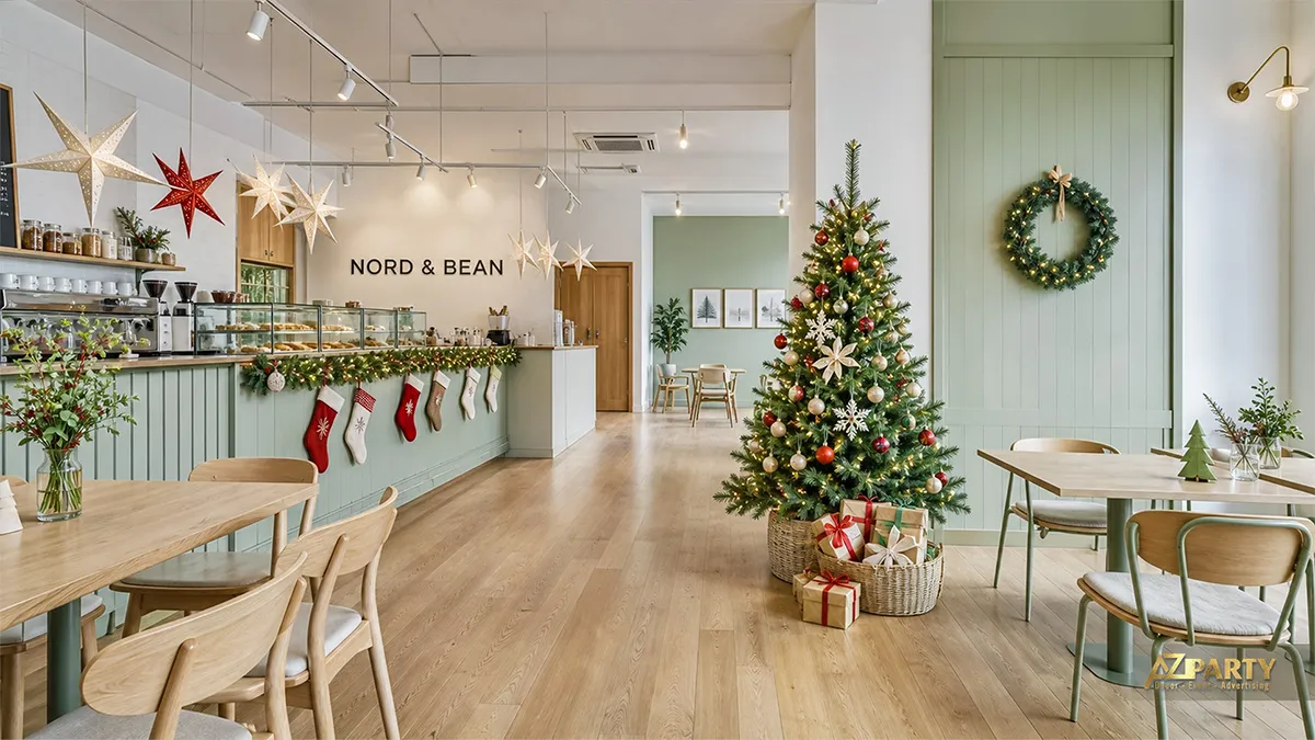 Không gian quán cà phê tông xanh nhạt với cây thông, tất Noel và sao giấy