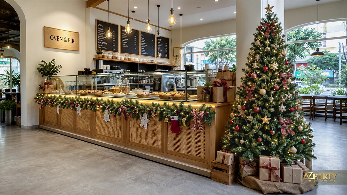 Quầy bánh gỗ với cây thông, tất Noel và dây lá xanh