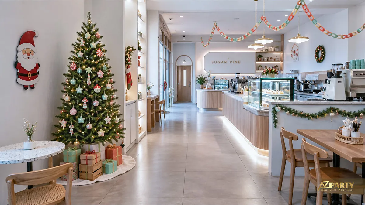 Quán cà phê sáng màu với cây thông, tất Noel và dây giấy trang trí