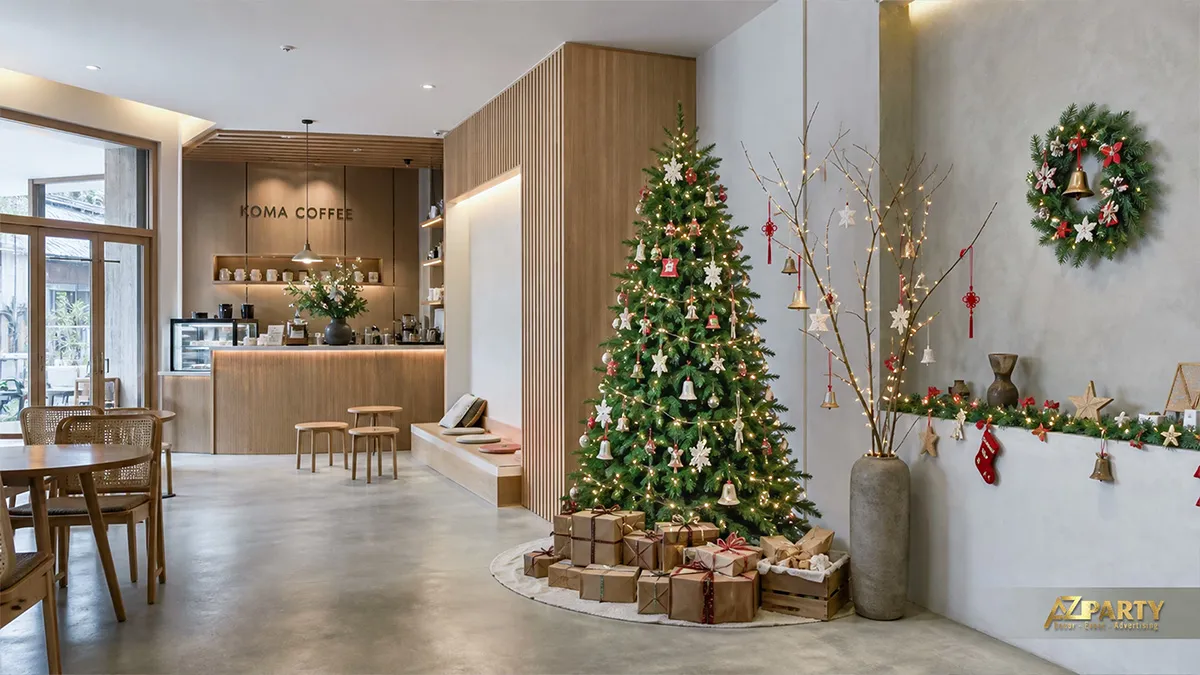 Quầy cà phê hiện đại với cây thông, tất Noel và vòng nguyệt quế trên tường