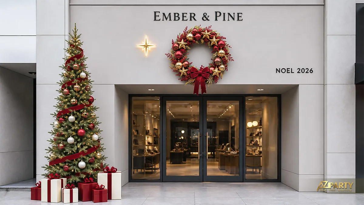 Quầy Ember and Pine với cây thông Noel nơ đỏ, vòng nguyệt quế và hộp quà