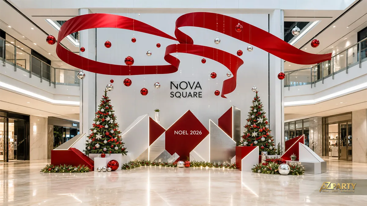 Sảnh trung tâm thương mại Nova Square với dải nơ đỏ lớn, hai cây thông và bệ hình học