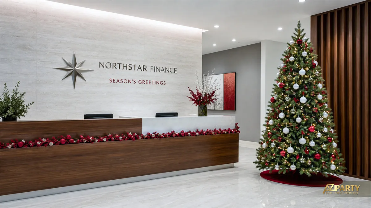 Quầy lễ tân Northstar Finance với cây thông đỏ bạc trắng vàng và logo trên tường