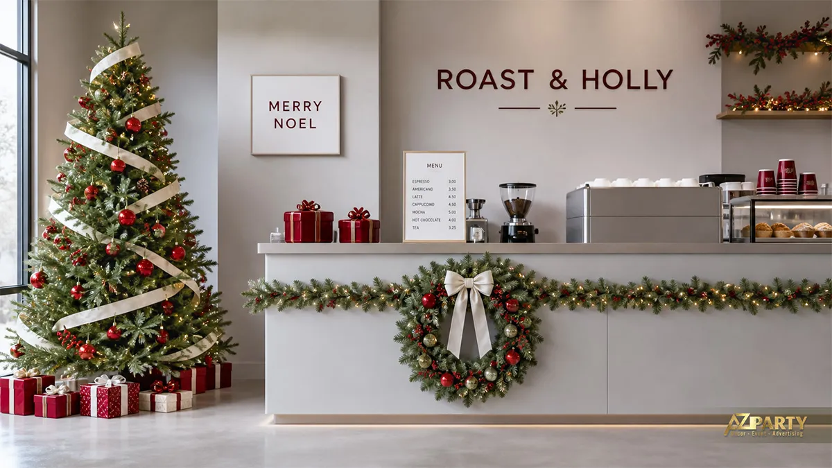 Quán Roast and Holly với cây thông đỏ trắng và vòng lá trên quầy