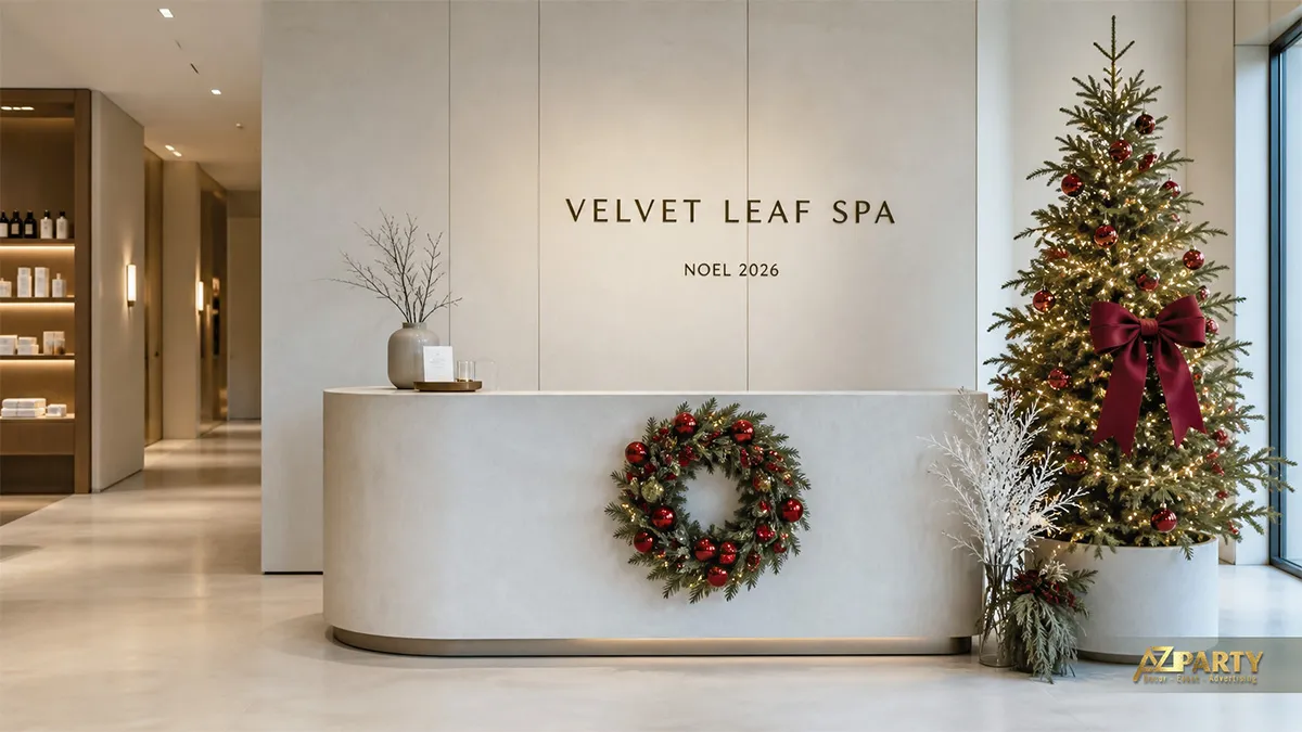 Quầy lễ tân Velvet Leaf Spa với cây thông đỏ bạc, nơ burgundy và vòng nguyệt quế