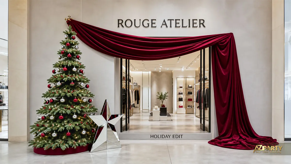 Lối vào Rouge Atelier với vòm rèm burgundy, cây thông và ngôi sao đỏ