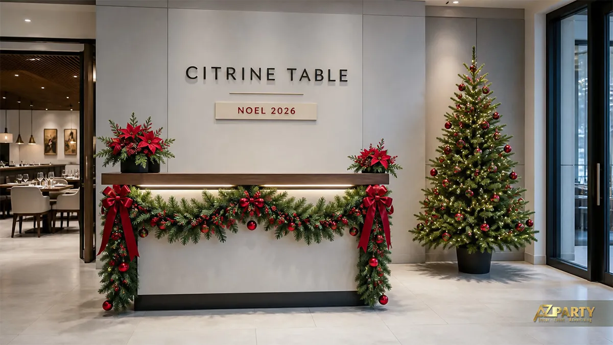 Lối vào nhà hàng Citrine Table với cây trạng nguyên đỏ, vòng lá và cây thông