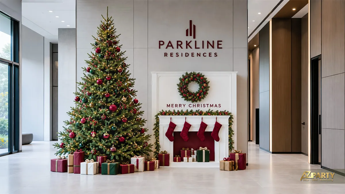 Sảnh Parkline Residences với cây thông, lò sưởi trắng, vòng nguyệt quế và quà