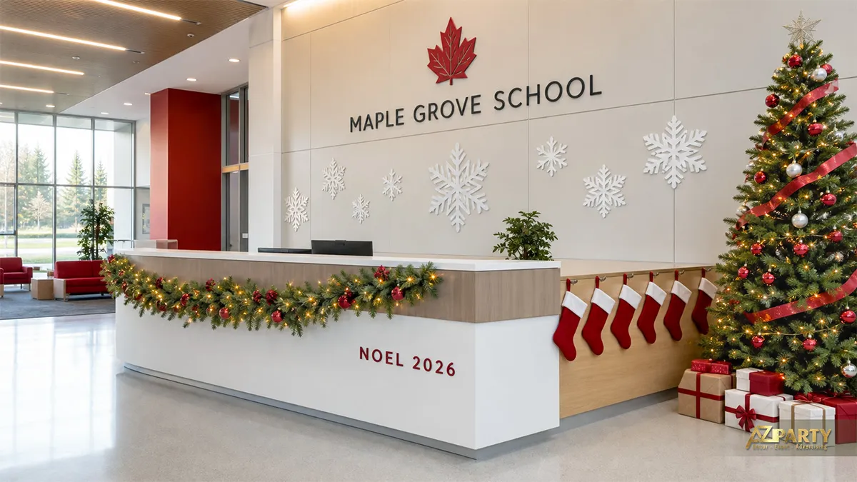 Quầy lễ tân Maple Grove School với cây thông nơ đỏ, bông tuyết, tất Noel và vòng lá