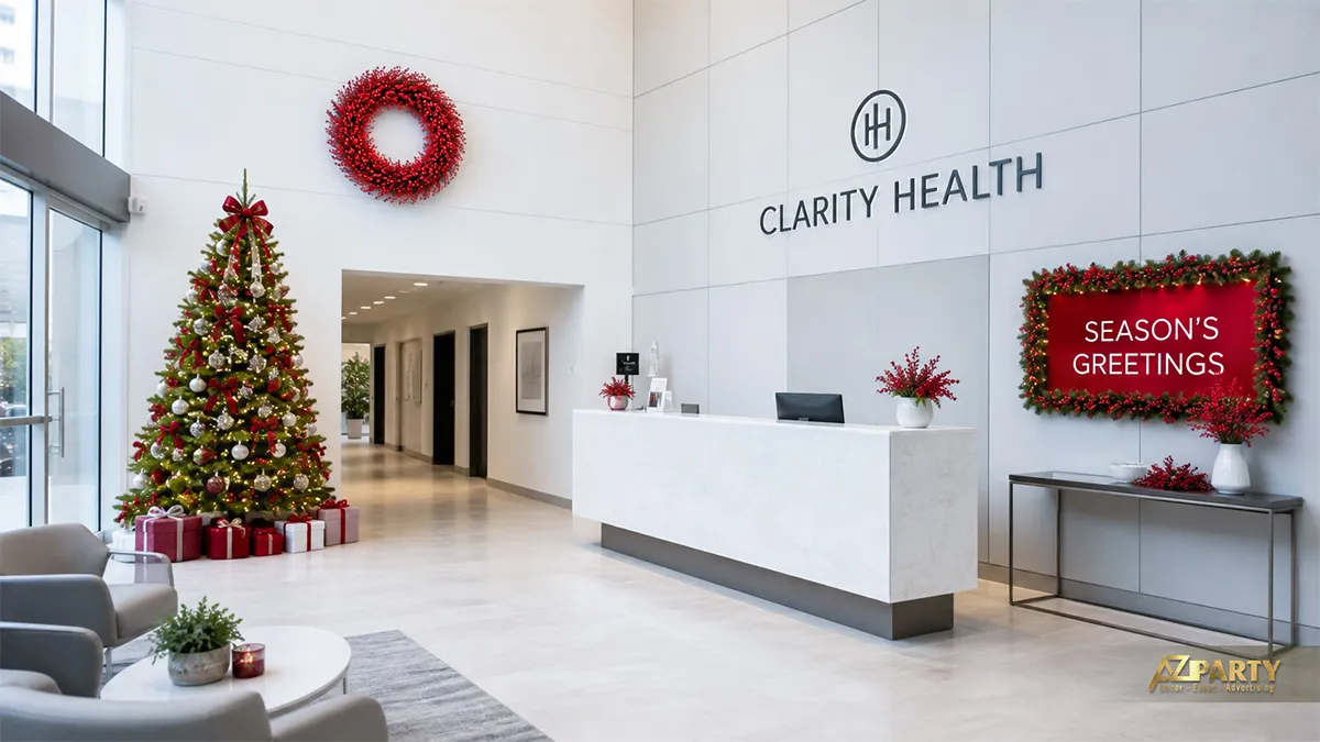 Sảnh Clarity Health với cây thông, vòng nguyệt quế và bảng nhận diện màu đỏ
