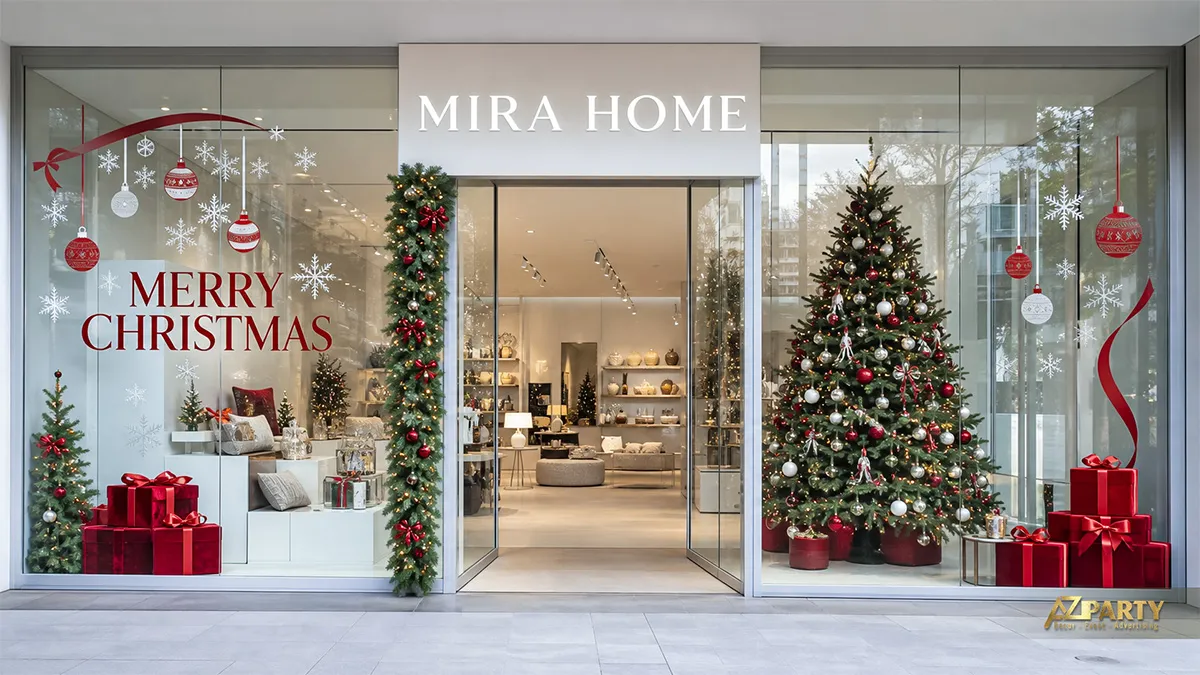 Mặt tiền Mira Home với hai cây thông đỏ trắng, quả châu và hộp quà