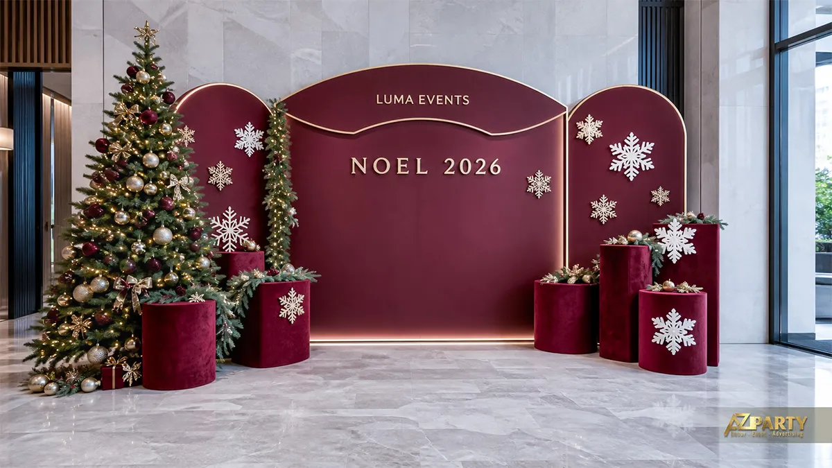Khu sảnh Luma Events với nền burgundy, cây thông, bục trụ đỏ và bông tuyết