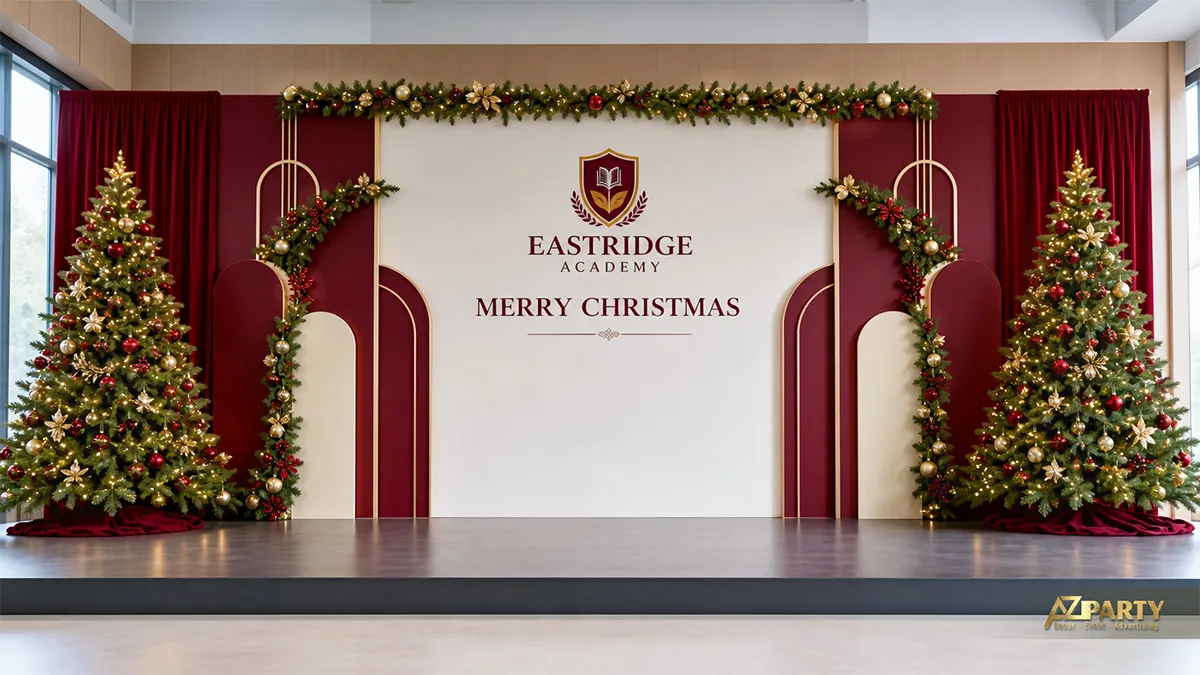 Sân khấu Eastridge Academy với rèm đỏ, hai cây thông và vòm trang trí
