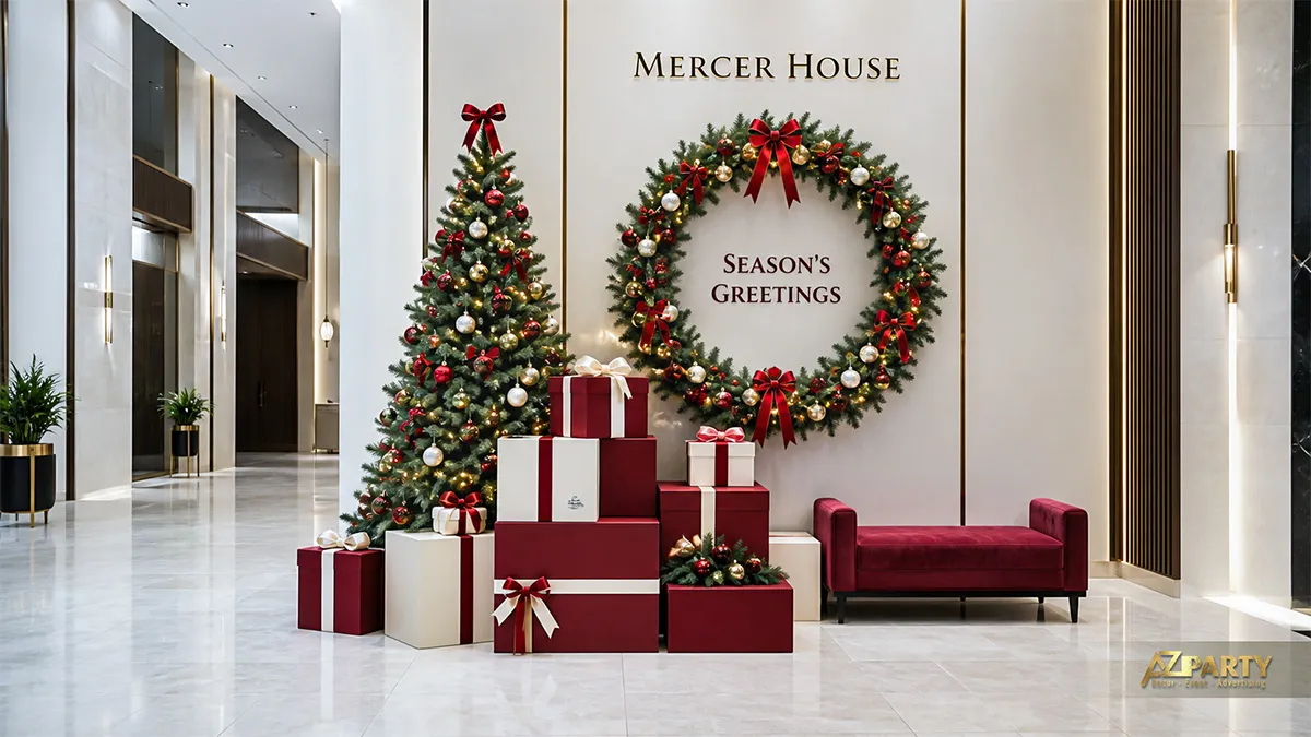Sảnh Mercer House với cây thông, vòng nguyệt quế lớn và các hộp quà xếp tầng