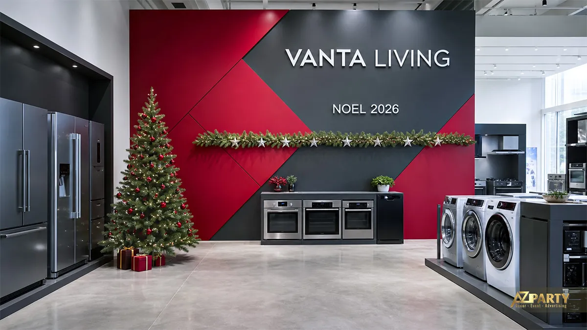 Showroom Vanta Living với nền hình học đỏ đen và cây thông nhỏ