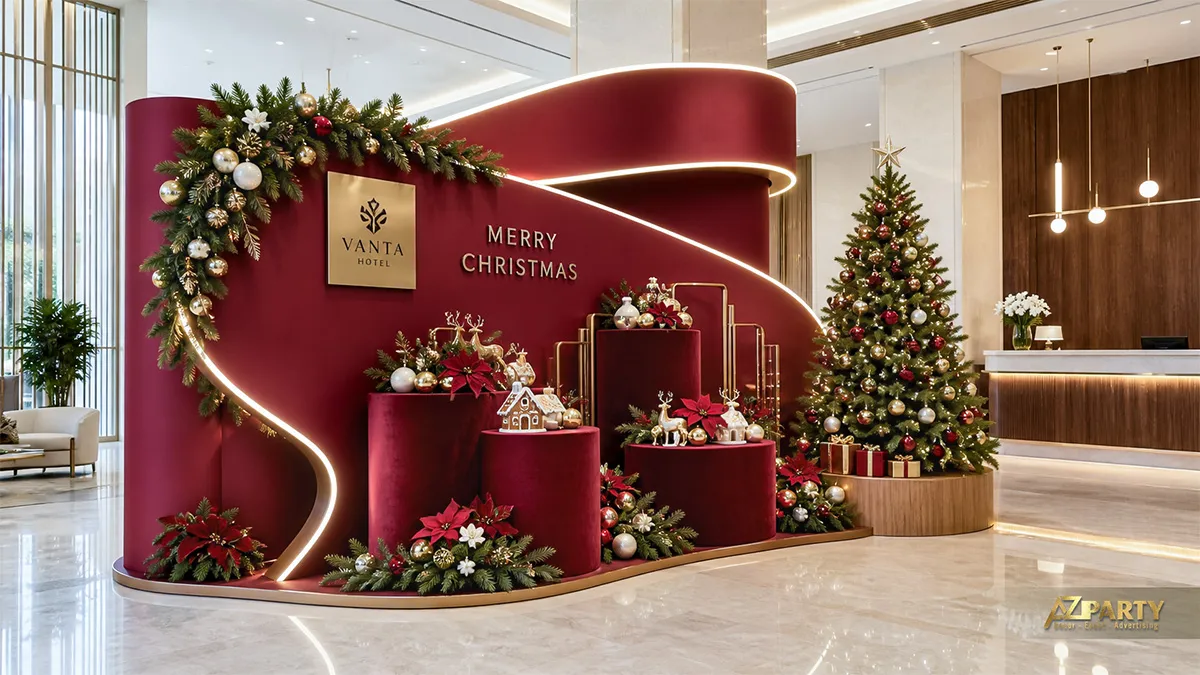 Sảnh Vanta Hotel với mảng tường cong burgundy, cây thông và bục đỏ