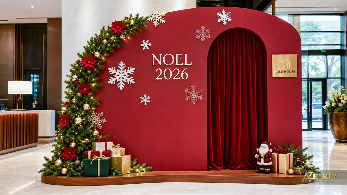 Cổng sảnh Lumi House với mảng đỏ, rèm đỏ, cây thông, ông già Noel và hộp quà