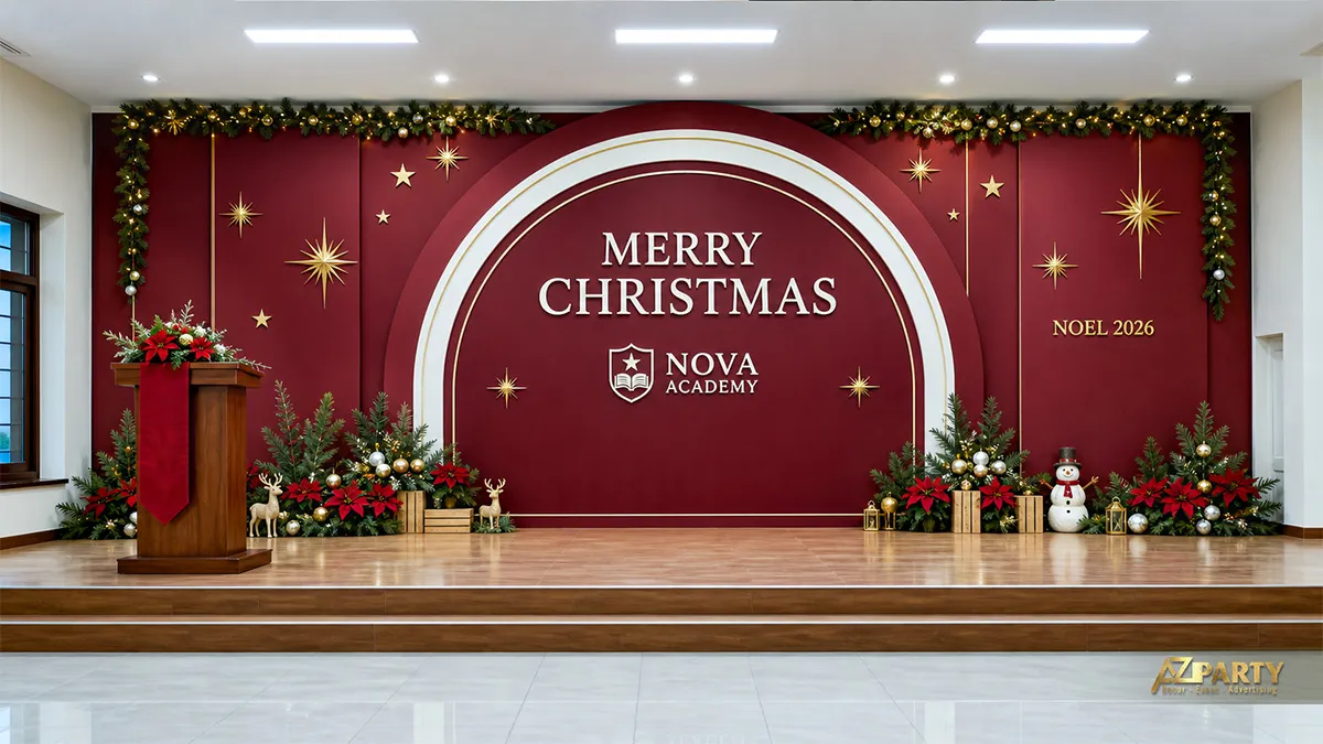 Sân khấu Nova Academy với nền tròn đỏ trắng, bục phát biểu, cây thông và người tuyết