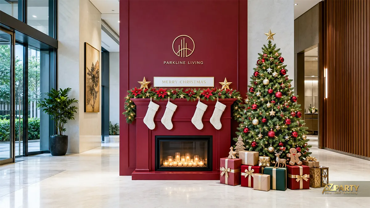 Sảnh Parkline Living với lò sưởi đỏ, tất Noel trắng, cây thông và quà