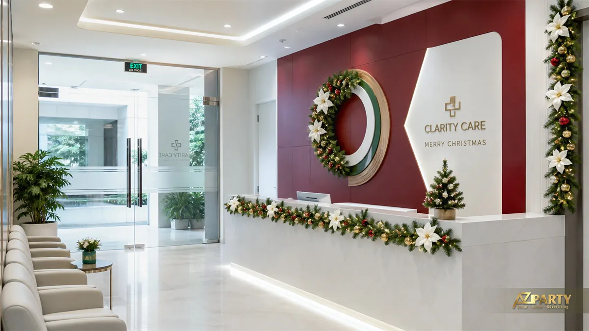 Sảnh Clarity Care với tường đỏ, vòng nguyệt quế, cây thông và vòng lá