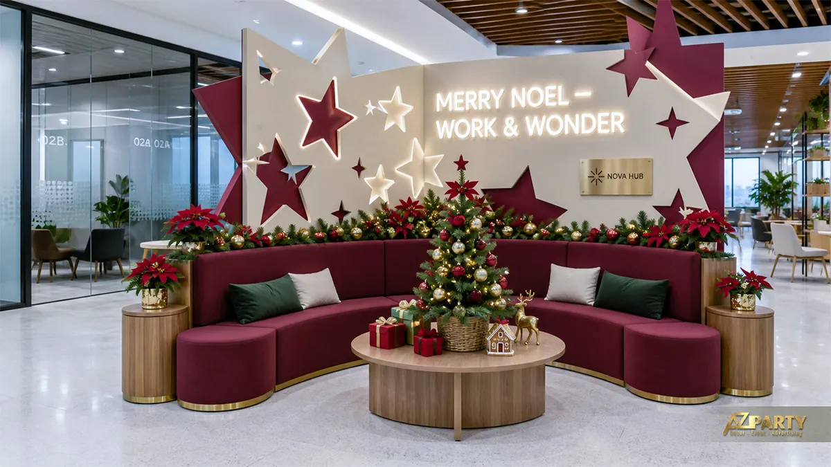 Khu lounge Nova Hub với nền ngôi sao Noel, ghế sofa và cây thông nhỏ
