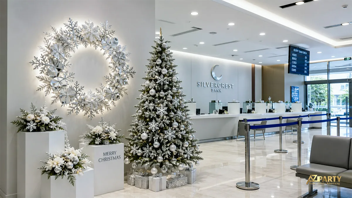 Sảnh Silvercrest Bank với cây thông bạc trắng, vòng bông tuyết lớn và hoa trắng