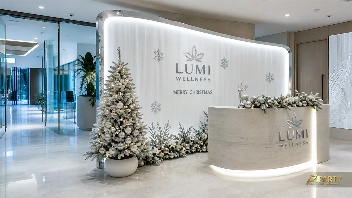 Quầy Lumi Wellness với mảng nền trắng, cây thông bạc và quả châu bạc