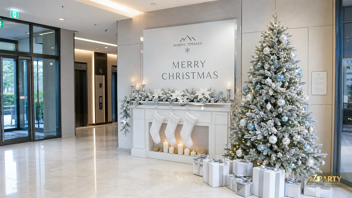 Sảnh Nordic Terrace với lò sưởi trắng, cây thông bạc, tất Noel và hộp quà