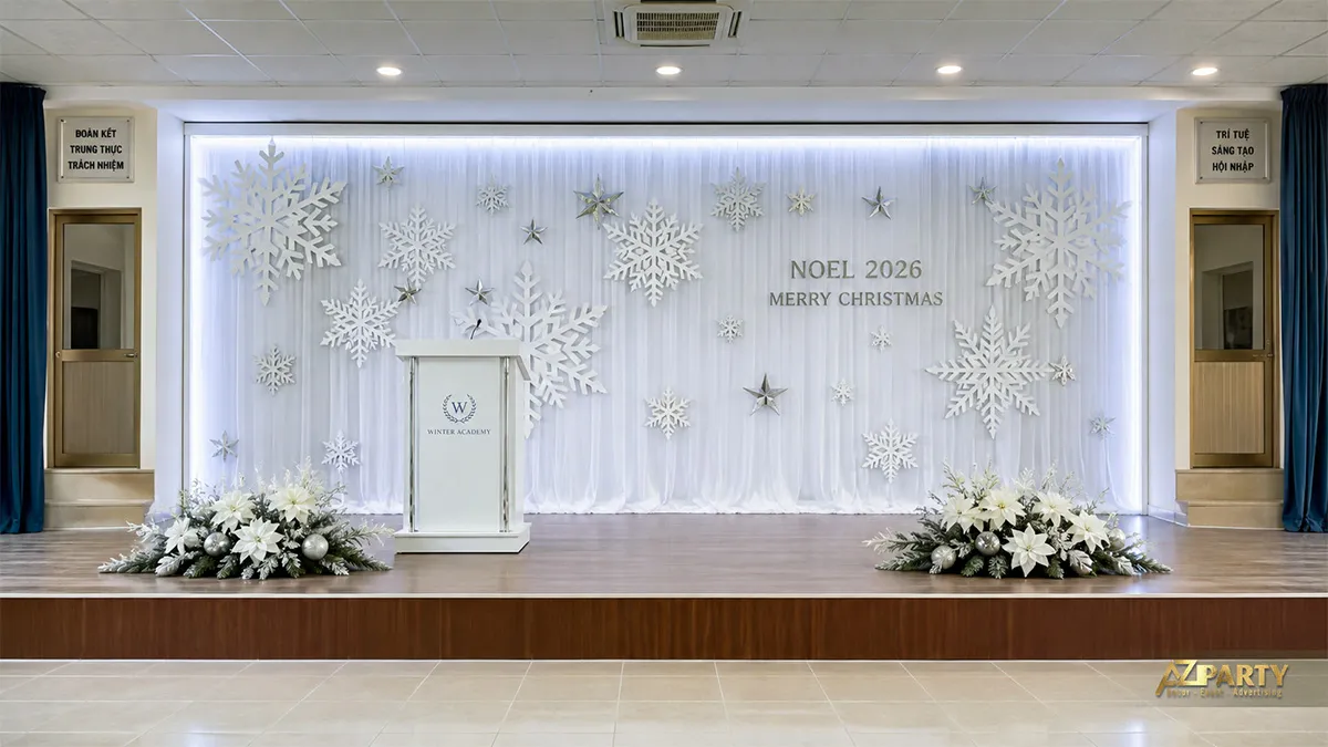 Sân khấu Winter Academy với rèm trắng, bông tuyết, bục và cụm hoa