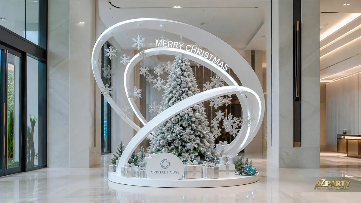 Sảnh Orbital House với cây thông trắng dưới vòng đèn tạo hình và hộp quà