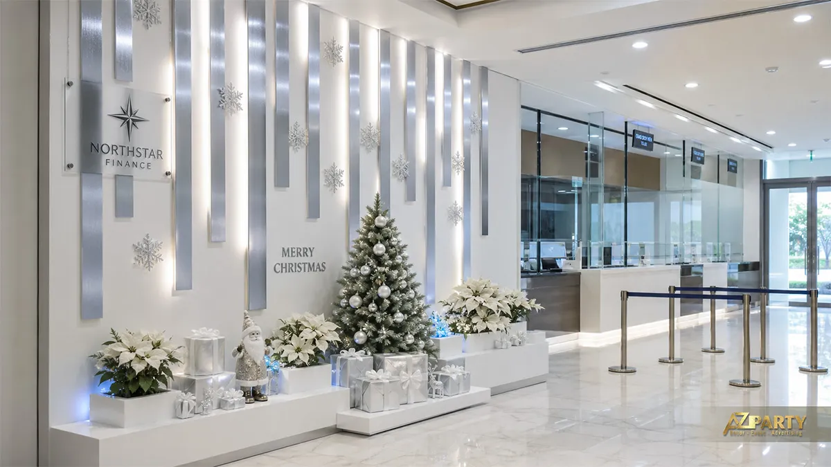 Hành lang Northstar Finance với mảng trắng bạc, cây thông nhỏ, hoa và hộp quà