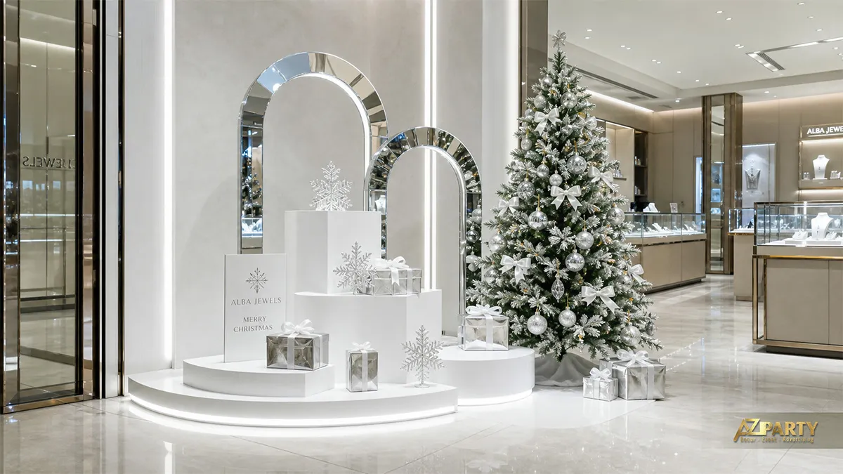 Showroom Alba Jewels với cây thông trắng bạc, vòm chrome và bục quà