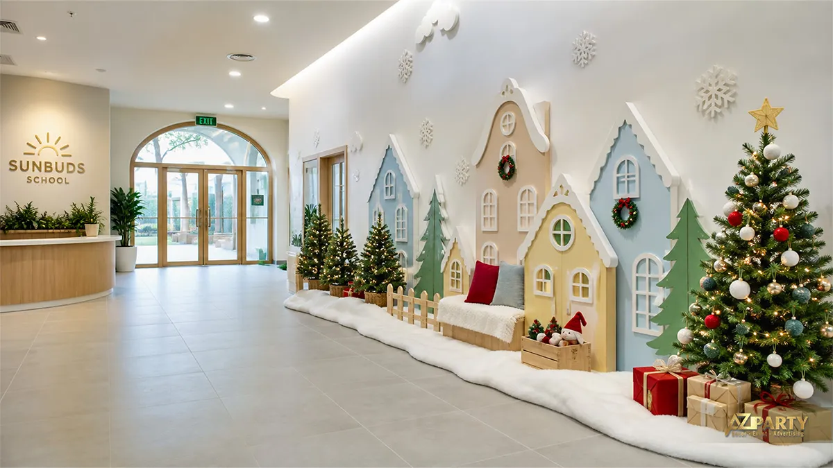 Dãy nhà mô hình phủ tuyết và cây thông Noel dọc sảnh trường học