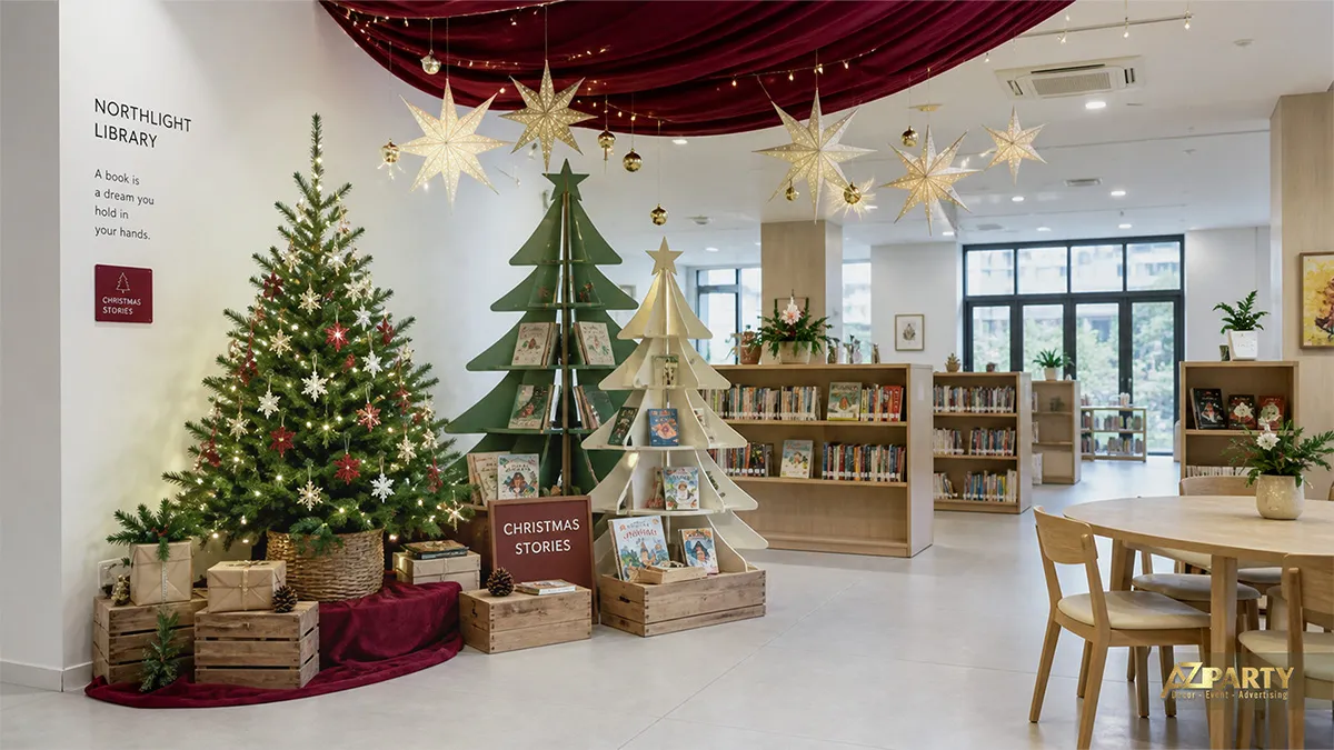 Góc Noel trong thư viện với cây thông, kệ sách hình tam giác và đèn sao