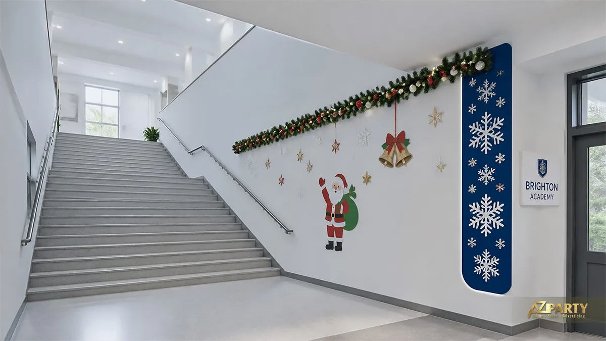 Cầu thang trường học có dây lá, bông tuyết và hình ông già Noel