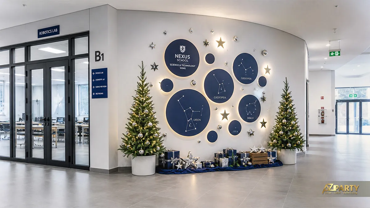 Góc thiên văn Noel xanh navy với chòm sao, đèn sao và hai cây thông