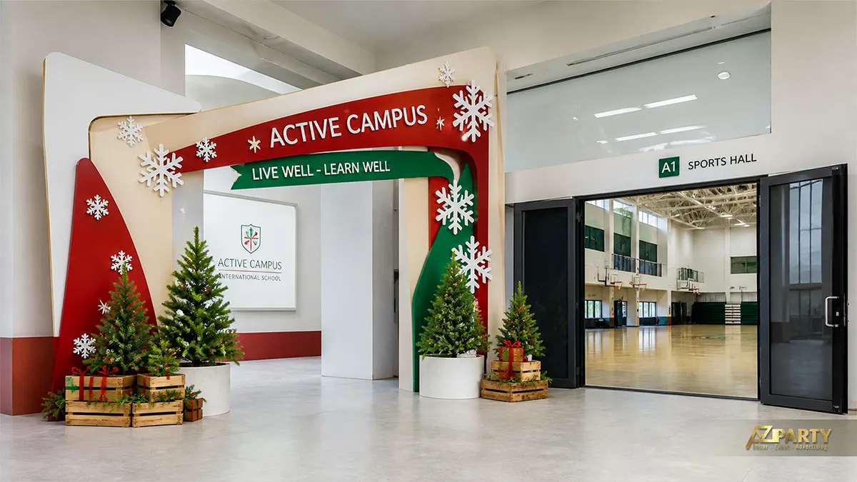 Cổng nhà thi đấu trang trí Noel đỏ xanh với bông tuyết và cây thông