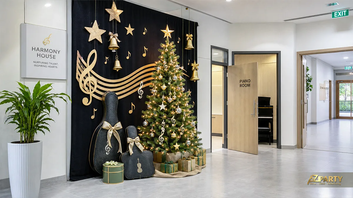 Góc âm nhạc Noel nền đen với khuông nhạc vàng, chuông và cây thông