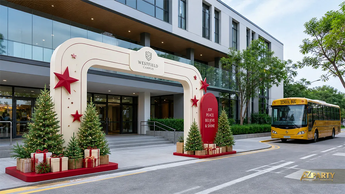 Cổng đón Noel trước trường với khung trắng, sao đỏ và cụm cây thông