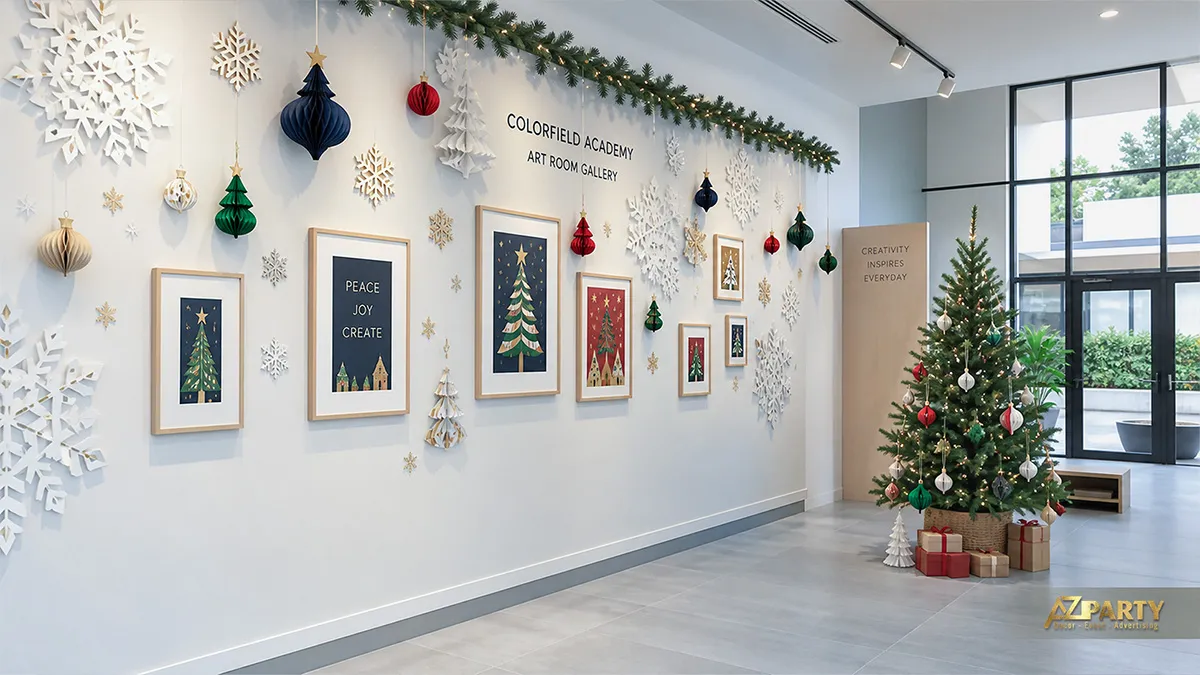 Tường triển lãm nghệ thuật trang trí Noel bằng tranh, quả châu và bông tuyết