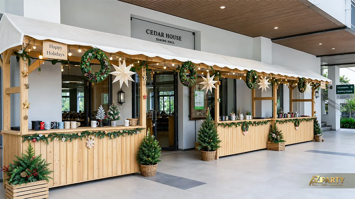 Gian hàng gỗ Noel trong sảnh trường với vòng lá, đèn sao và cây thông