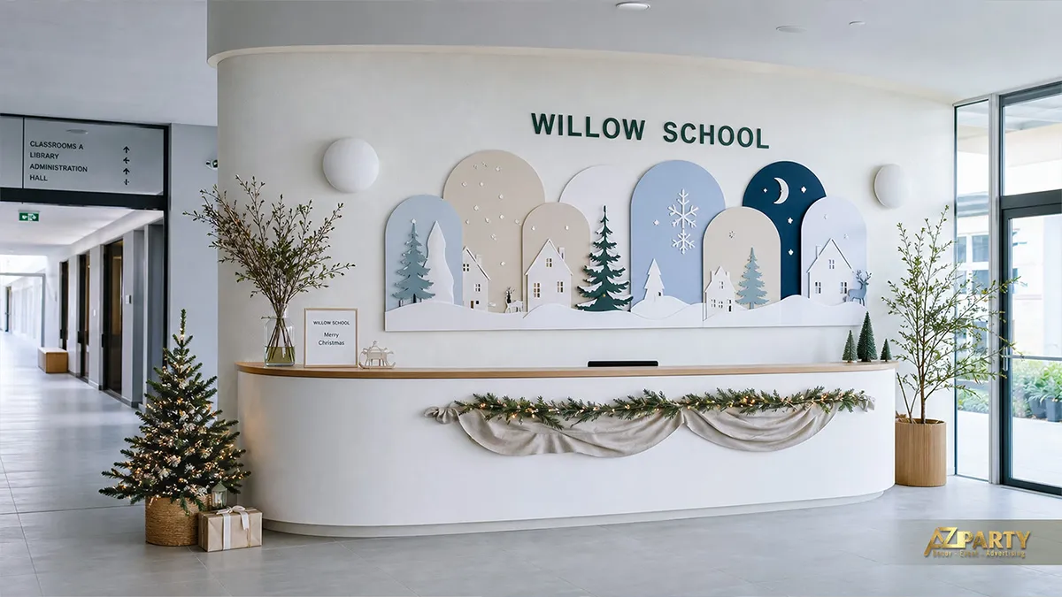 Quầy lễ tân trường học với mảng rừng thông trắng xanh và cây Noel nhỏ