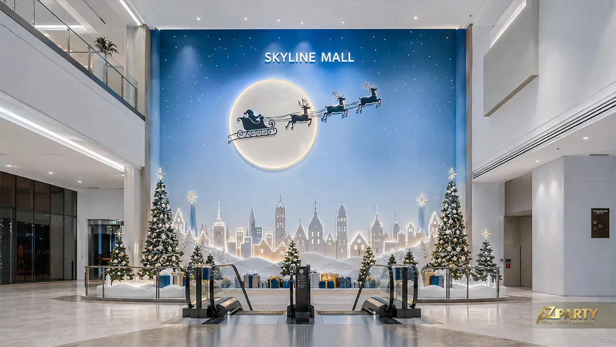 Backdrop Noel xanh dương trong sảnh với mặt trăng sáng, xe trượt tuyết và hai hàng cây thông