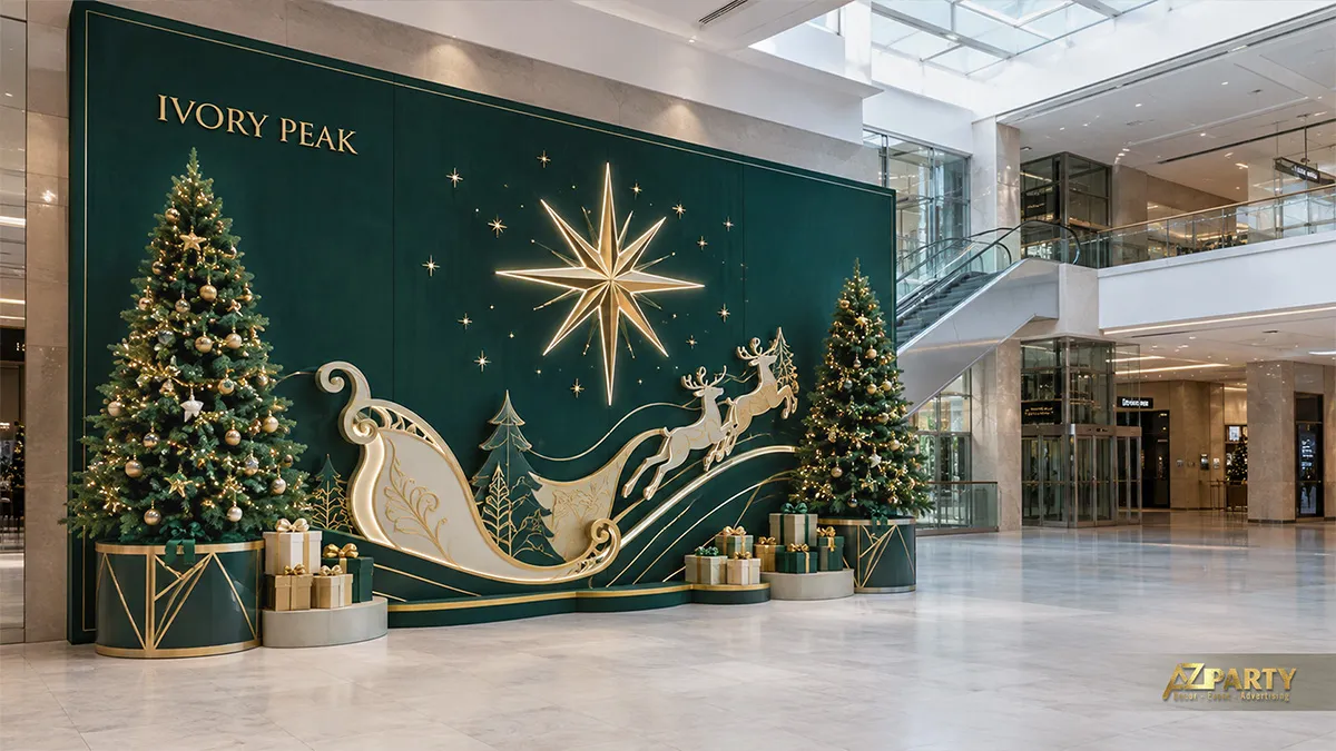 Backdrop Noel xanh ngọc trong sảnh với cây thông, ngôi sao lớn, xe trượt tuyết và hộp quà