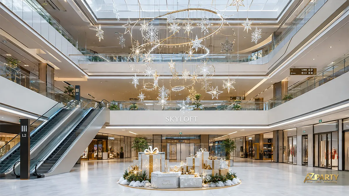 Sảnh mái kính với vòng đèn Noel treo trên cao, tiểu cảnh quà trắng bạc và cây thông nhỏ