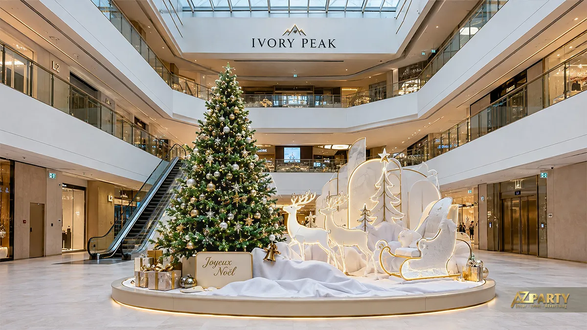 Tiểu cảnh Noel trắng bạc quanh cây thông lớn với mô hình tuần lộc, xe trượt tuyết và bảng chúc mừng