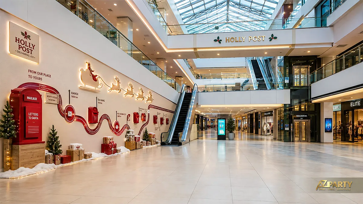Hành lang Noel với dải hộp quà chạy dọc tường, cây thông và mô hình xe trượt tuyết