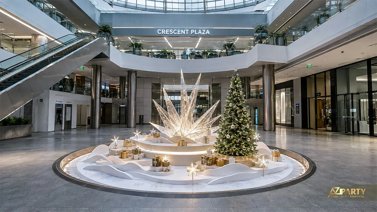 Tiểu cảnh Noel trắng bạc giữa sảnh với ngôi sao phát sáng, cây thông và vòng tròn bệ thấp